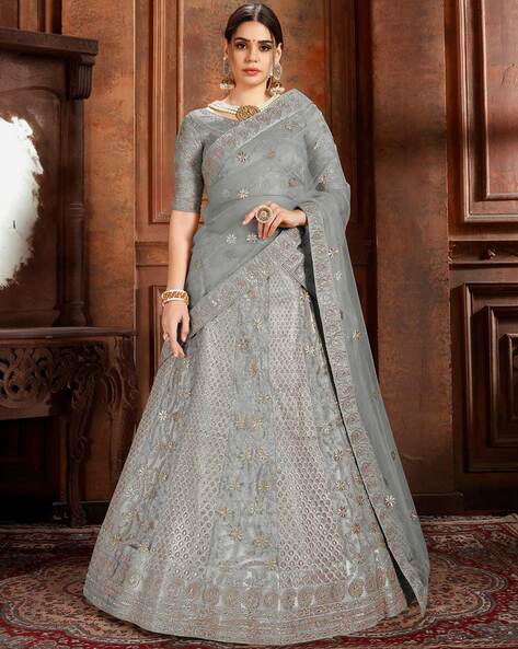 Buy Silver Organza Embroidered Zardozi Sweetheart Neck Bridal Lehenga Set  For Women by Seema Gujral Online at Aza Fashions.