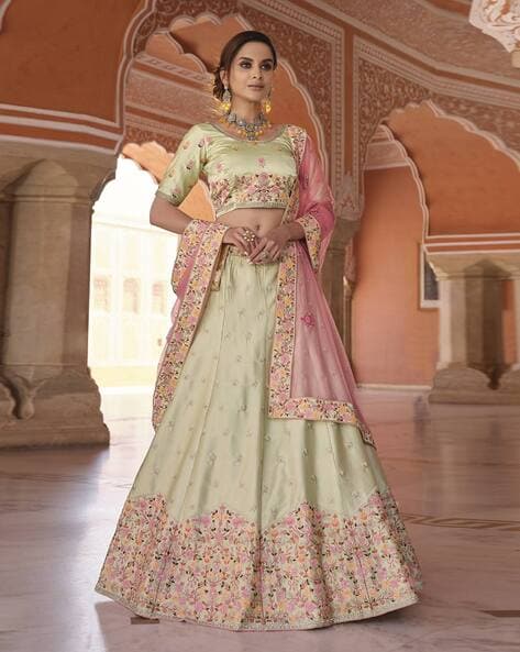 Buy Green Linen Panelled Lehenga Set For Women by Itrh Online at Aza  Fashions.