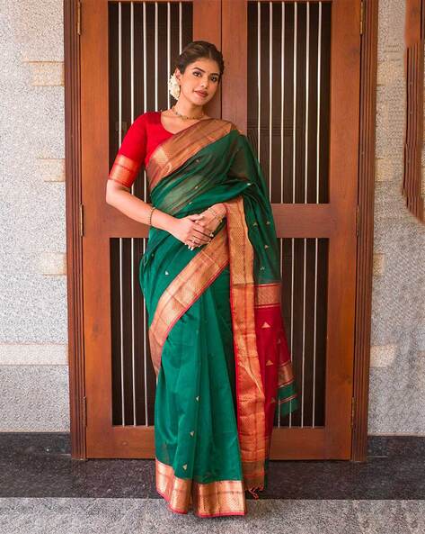 Green Brasso Work Bridal Saree With Heavy Border Latest 5020SR06