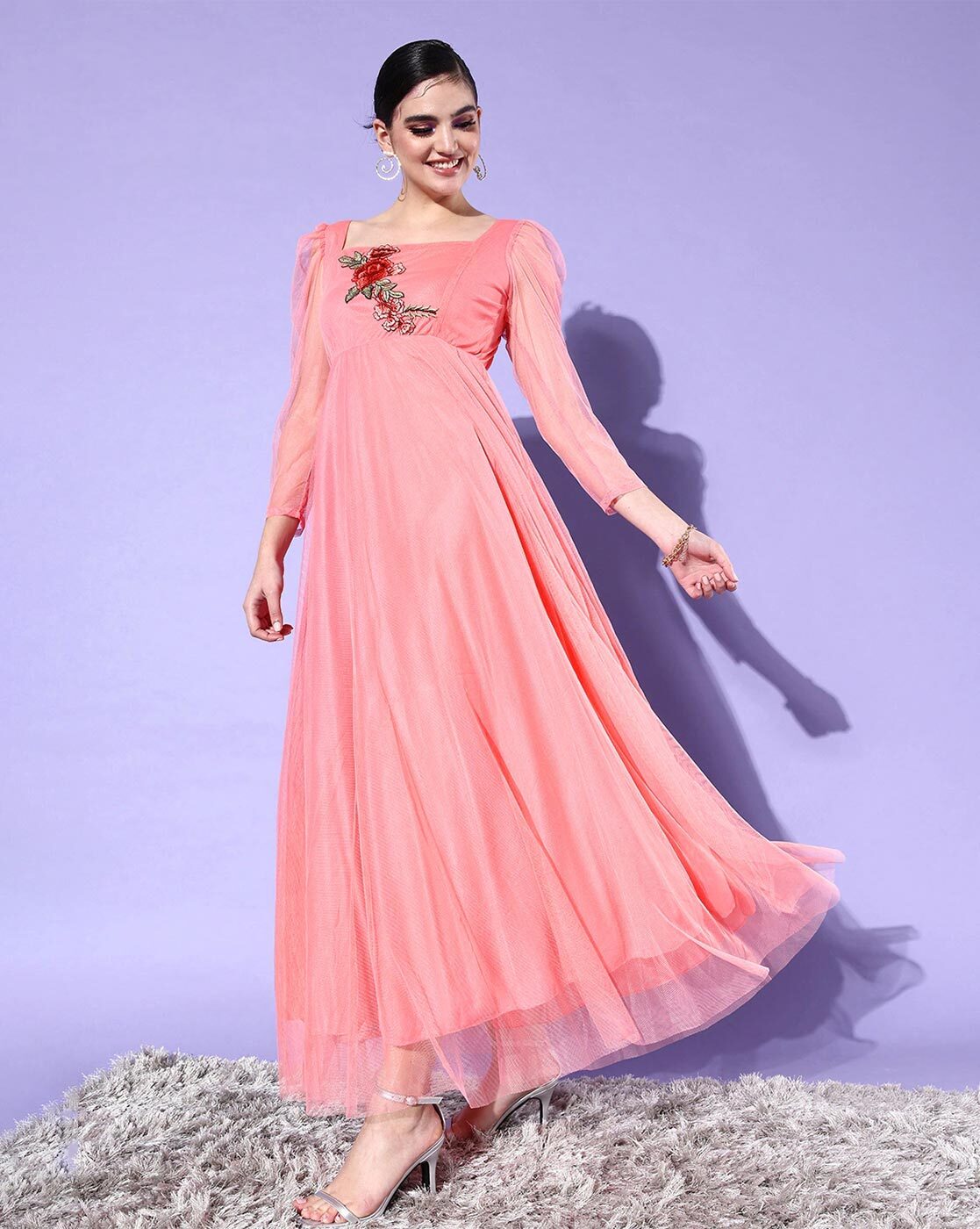 Peach color Faux Georgette Party wear Gown by fealdeal.com