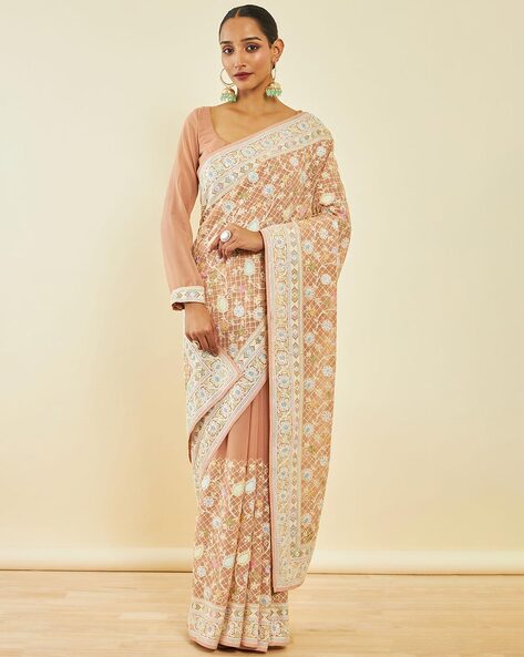 Buy Soch Blush Pink Georgette Floral Embroidery and Stone Work Saree with  Unstitched Blouse online