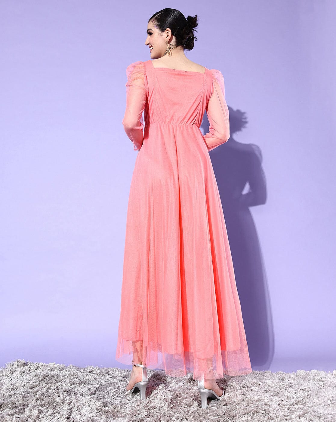 Peach Color Soft Net Material Designer Gown With Dori Work