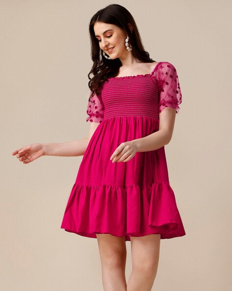 Pink fit and flare clearance dress