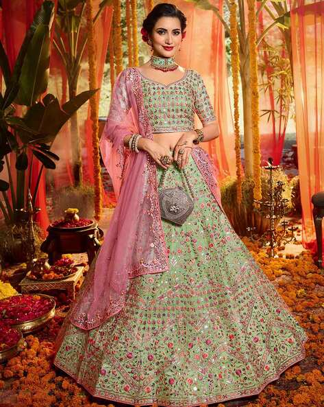 Photo of Unique green and bridal lehenga with red dupatta