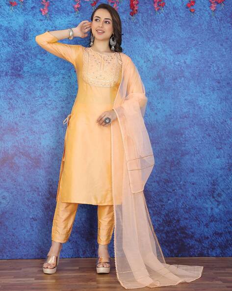 KSUT Salwar Suits and Sets  Buy KSUT Wine Sequins Work Kurta with Golden  Pants and Mirror Work Dupatta Set of 3 Online  Nykaa Fashion