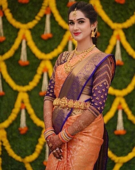 Amazon.com: C J Enterprise Women's Kanchipuram Silk Sarees For Wedding Pure Kanjivaram  Sarees With Blouse Piece (D19 paithani) (orange dark blue), Orange Dark  Blue, Free Size : Clothing, Shoes & Jewelry