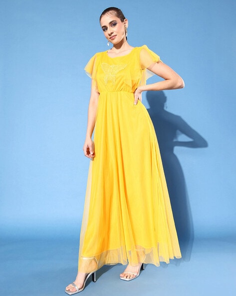 Yellow designer party gown dress with printed pink jacket in Dandeli at  best price by Sm Fashions - Justdial