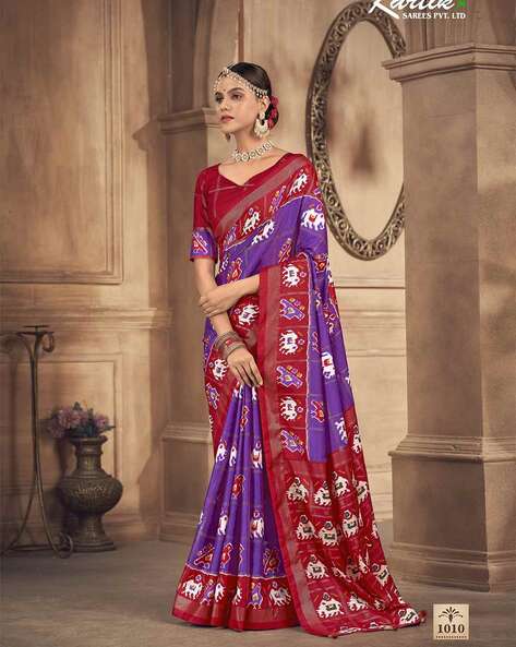 Women's Soft Kota Doriya Ikkat Style Printed Saree With Zari Pattu Border -  Stava Creation | Saree, Blue saree, Indian fashion