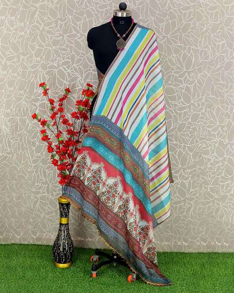 Striped Dupatta with Contrast Lace Border Price in India