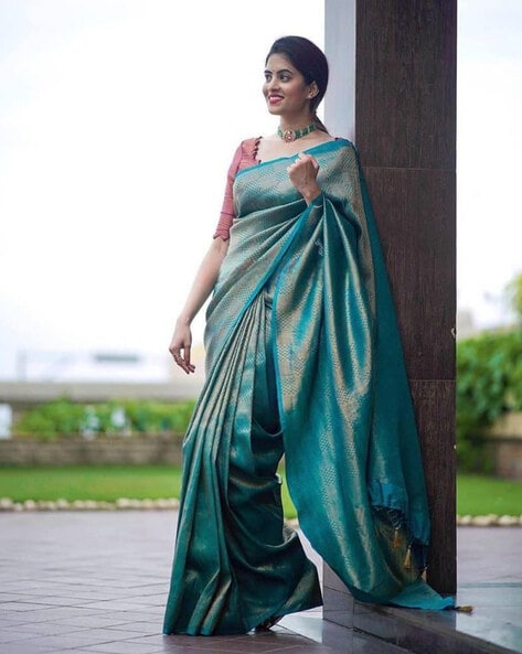 Woven Art Silk Saree in Teal Green : SSF14876