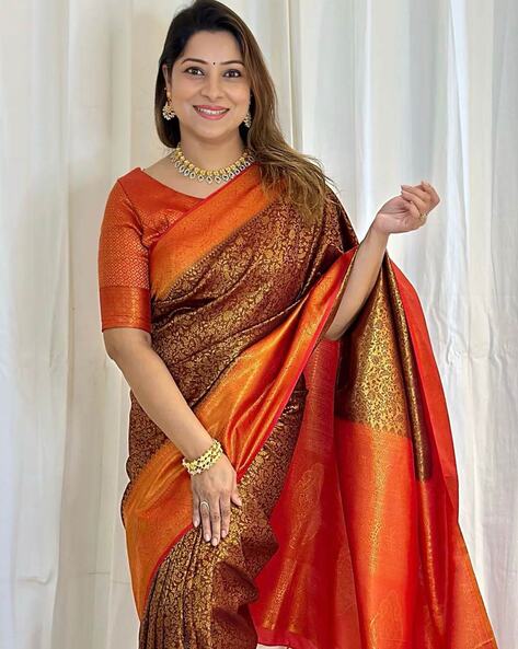 Buy Orange Digital Printed Handloom kotha Border Saree With Blouse Online  At Zeel Clothing