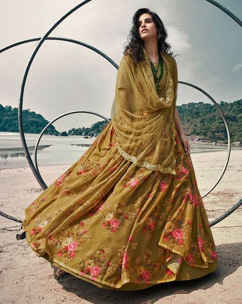 Seeaash Shimmer Chanderi Lehenga Set | Yellow, Mirror, Lehenga, V Neck, Half