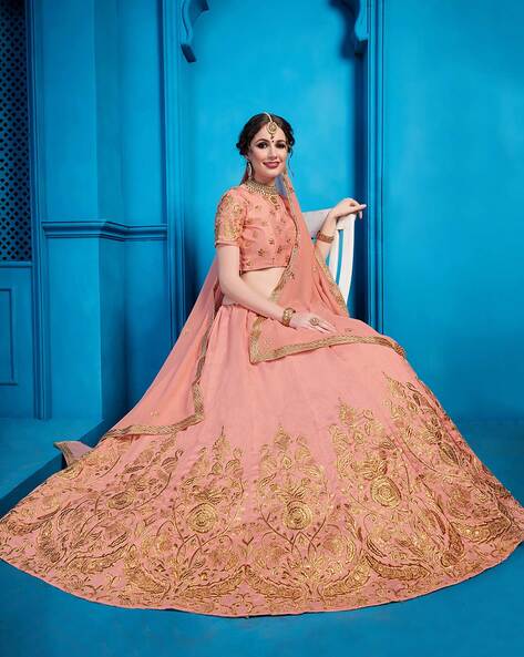 Firozi Shaded Colour Handloom Silk Lehenga Choli With Peach Colour Net  Dupatta - Nakkashi - 3226659