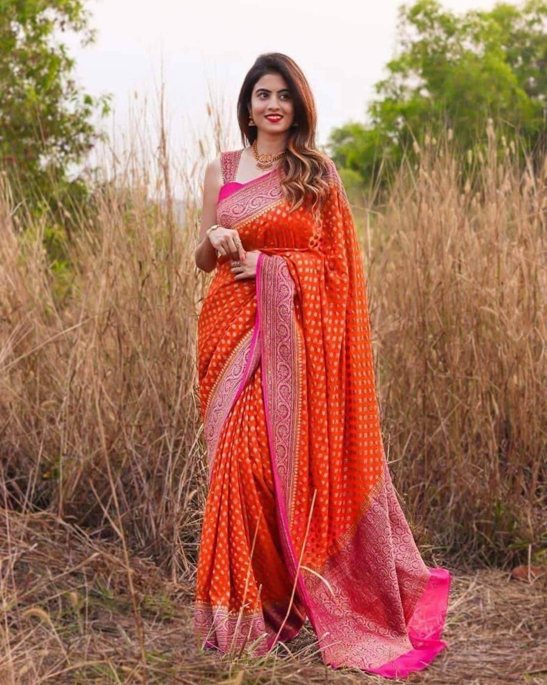 New Fancy Designer Pink Saree Contrast Blouse | Orange designer saree