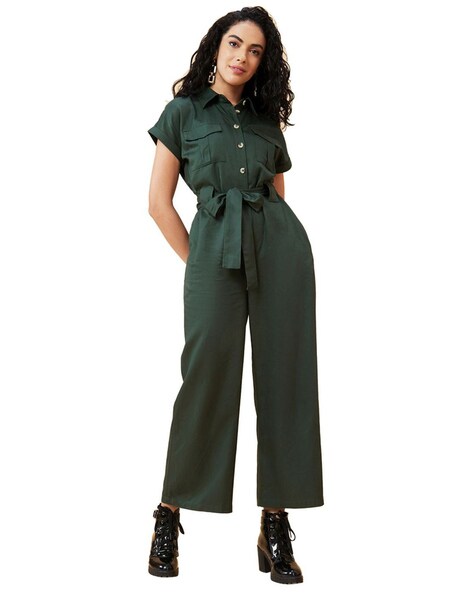 Short Sleeve Button Jumpsuit In Green Polka | LIENA | SilkFred