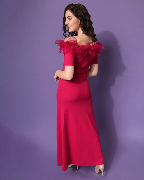 Buy Athena Burgundy Off Shoulder Pleated Fit & Flare Dress - Dresses for  Women 8833915 | Myntra