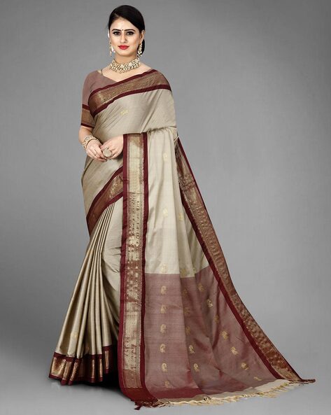 Beige & Maroon | Handwoven Kanjivaram Pure Silk Saree | Pure Zari | PV J  967 – Panjavarnam