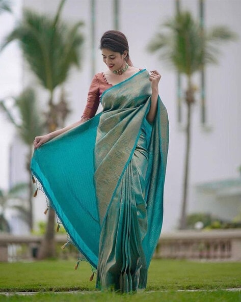 Sandal saree with hot sale contrast blouse