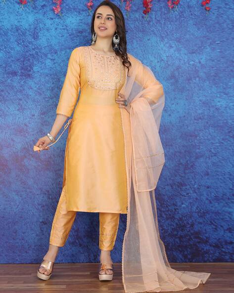 Buy Festive Bright Yellow Princess Kurta With Cowl Pants And An Embroidered  Floral Jacket