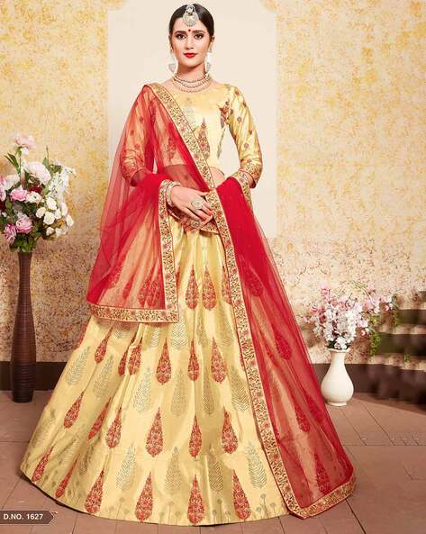 Golden Embroidered Semi Stitched Lehenga with Dupatta