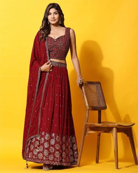 Buy Maroon and Gold-toned Embellished Semi-stitched Lehenga & Unstitched  Blouse With Dupatta Online in India - Etsy
