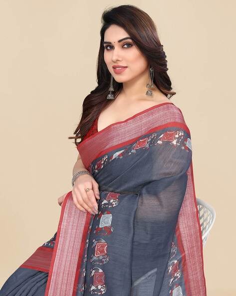 Indian Print Saree with Contrast Border