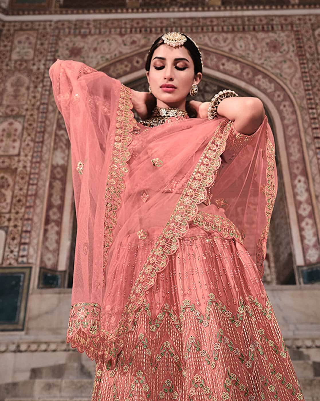 Peach Color Art Silk Flower Print Lehenga