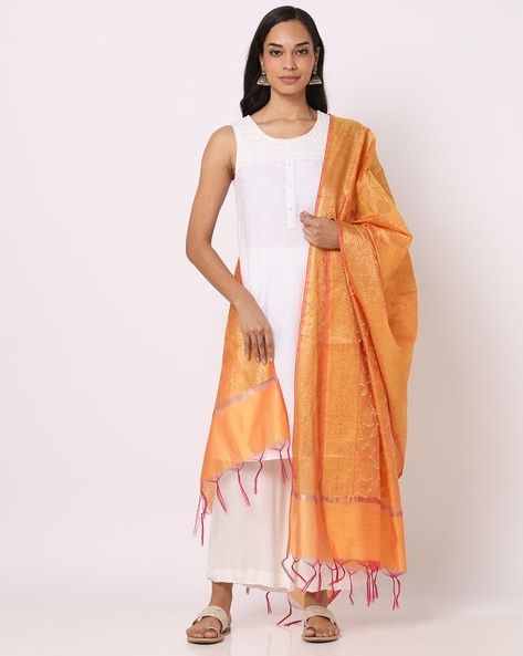 Women Floral Pattern Dupatta with Tassels Price in India