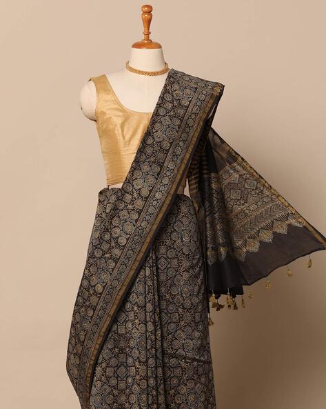 Women's Olive Green Ajrak Print Cotton Saree With Blouse - Yufta in 2024 |  Block print saree, Printed sarees, Blouse piece