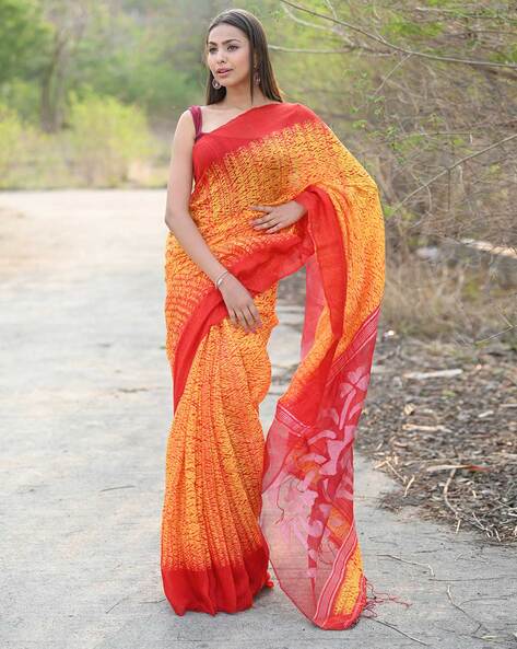 Yellow green Red Bengal Cotton Pom Pom Saree with Blouse | Buy Online