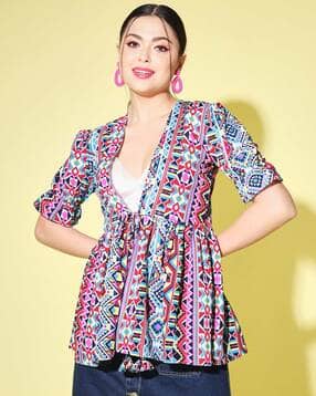 matwali Geometric Print Shrug with Tie-Up Front-picture-22