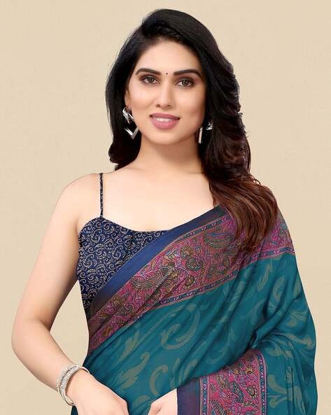 Purple & Turquoise Colourblocked Poly Chiffon Saree