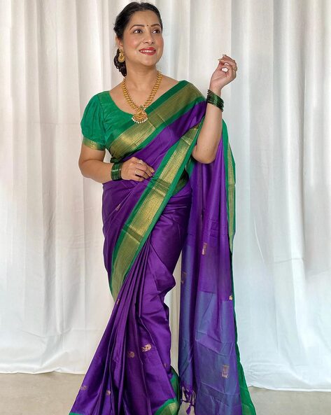 Kanjivaram Purple Silk Saree with Tiratchai Green – Muhurth