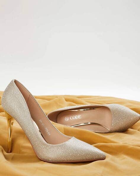 Ajio Gold Slip On Pumps Women Embellished Slip-On Heeled Shoes