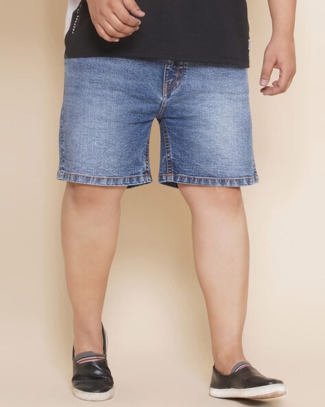 Flat-Front Distressed Denim Shorts