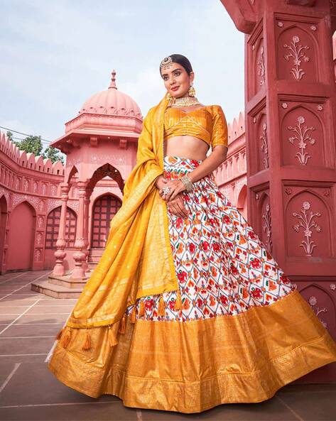 Indian Bridal Lehenga Choli: Yellow and Orange Lengha w/ Zari, Mukaish,  Pearls – B Anu Designs