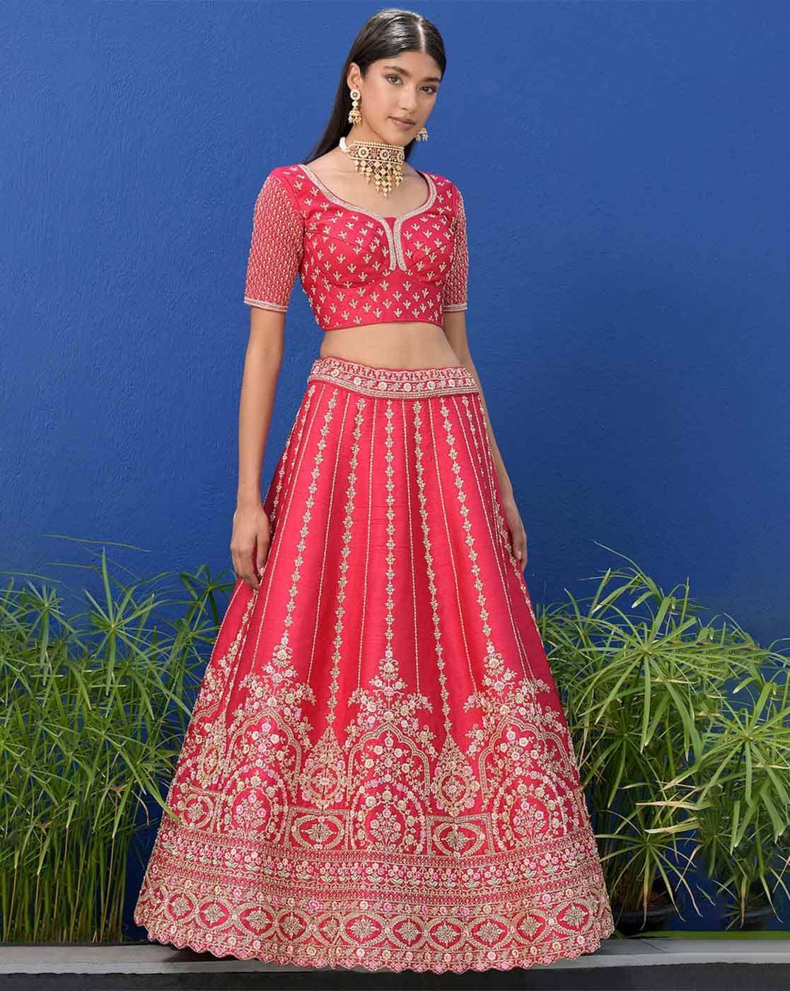 Red and Sea Blue Pure Mangalgiri Silk Lehenga – myRiti