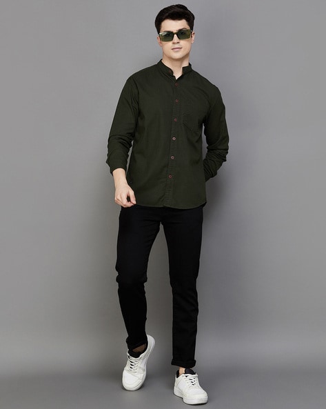 Olive green fashion shirt with black jeans