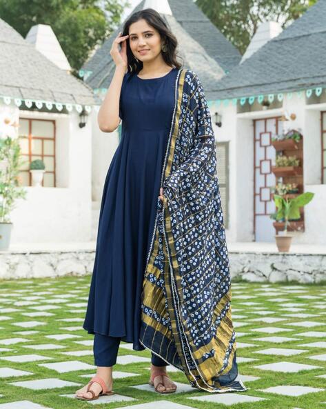 blue Anarkali Kurti With V Neck Style With Pant And Dupatta, Size