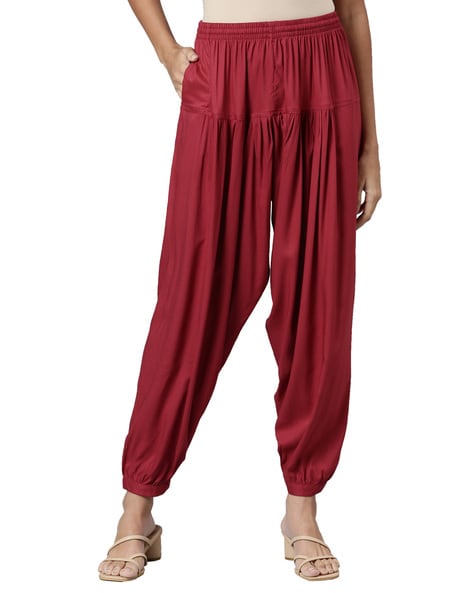 Thai Hill Tribe Fabric Women's Harem Pants with Ankle Straps in Red-cheohanoi.vn