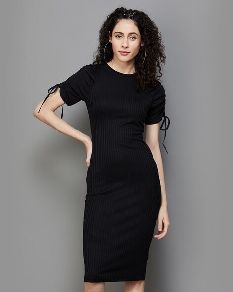 Buy BLACK PUFFED-SLEEVE POLYESTER BODYCON DRESS for Women Online in India