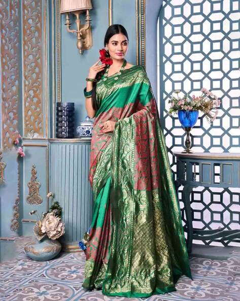 Shop Geroo Jaipur Green Silk Blend Banarasi Saree for Women Online 39610600