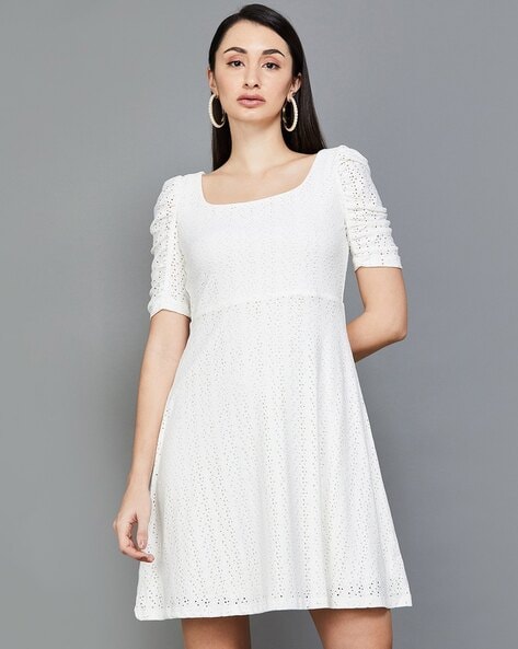 Puff Sleeve Split Hem Midi Dress - Women's Formal & Casual Midi Dresses -  White - Dresses | RIHOAS