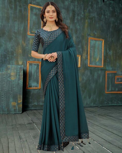 Buy Art Silk Plain Saree in Sea Green : 213518 -