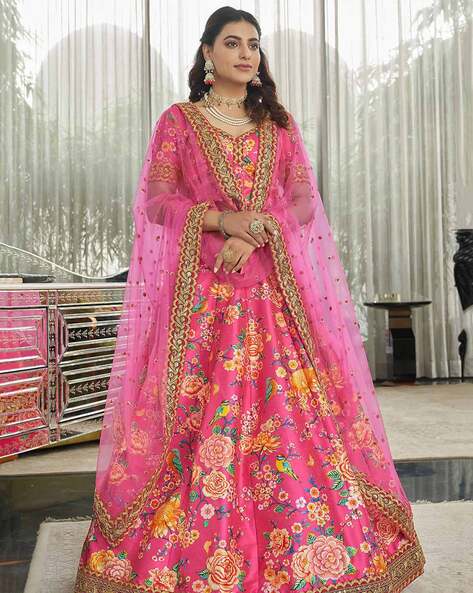 Buy Neon Pink Concentric Eye Embroidered Lehenga With Dupatta Online -  RI.Ritu Kumar International Store View