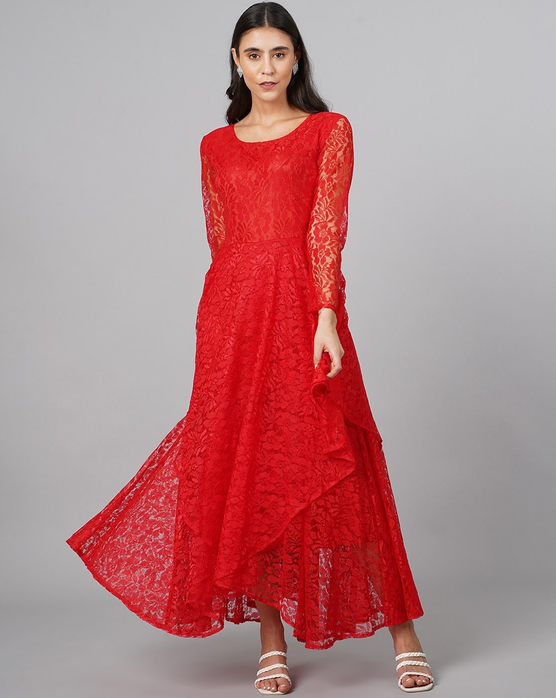 Elegant Red V-Neck OverSkirt Lace Applique Prom Dresses – showprettydress