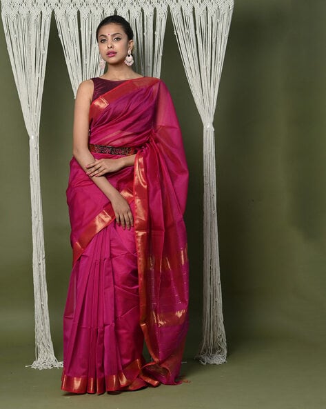 Rosewood Maroon Pure Maheshwari Saree With Golden Zari Pallu And Borde –  BharatSthali