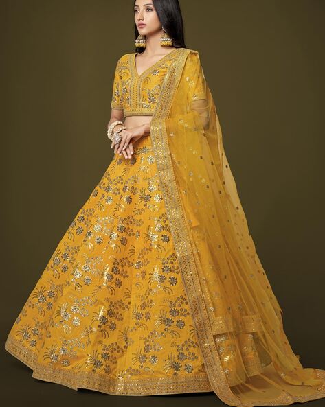 Lurex V Neck Yellow Lehenga Choli Set Online