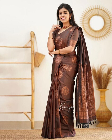 Buy Brown Swarovski Chiffon Saree - Koskii