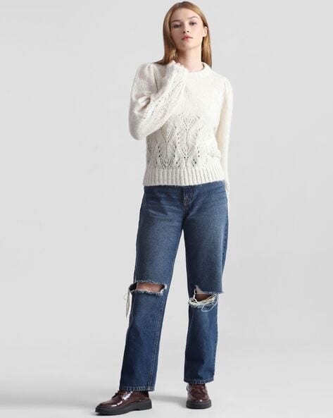 Pointelle-Knit Round-Neck Pullover